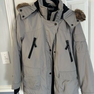 Women's Gray Puffer Jacket with Faux Fur Hood